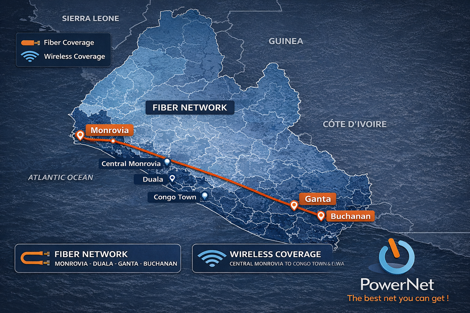 PowerNet coverage map of Liberia with wireless and fiber reach